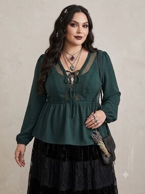 Love & Legend Dark Forest Green Babydoll Lace-Up Mesh Blouse Plus Size 20
